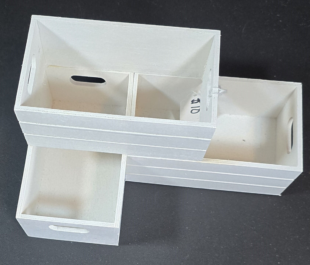 TK Wood Designs white wooden crate storage organizer set with cut-out handles and dividers. Multiple sizes.