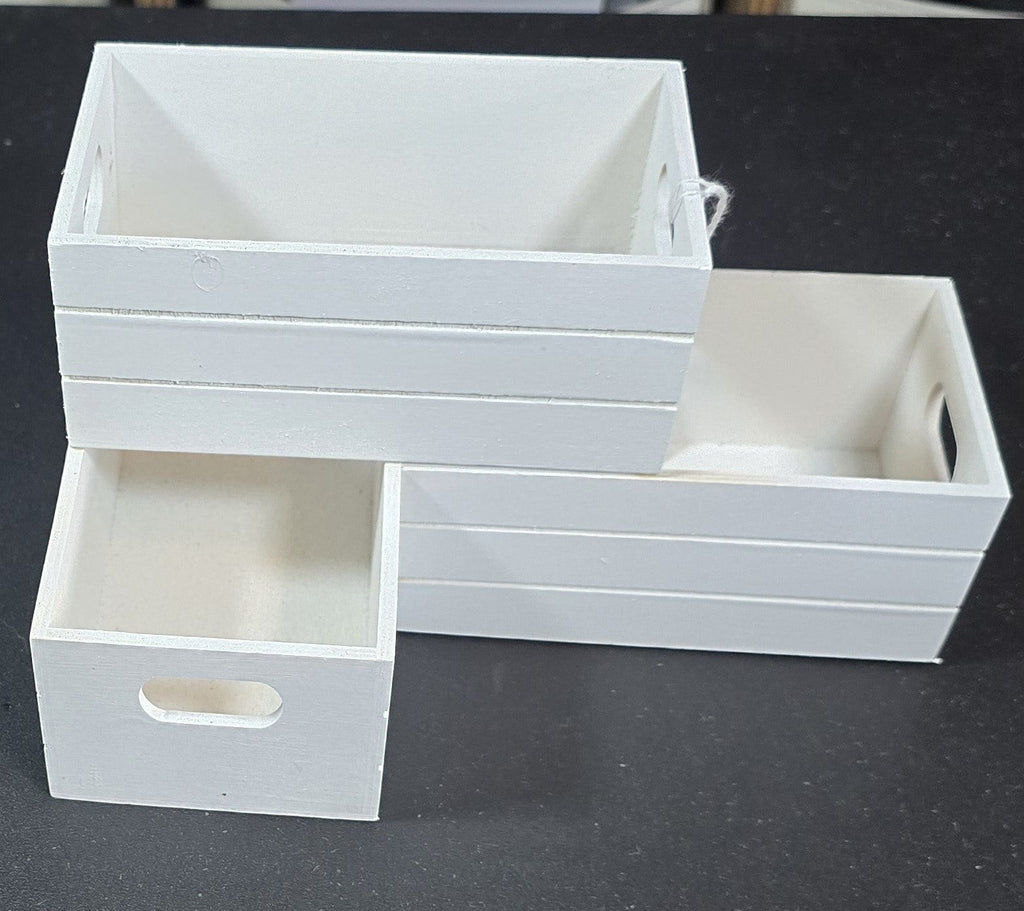 TK Wood Designs white wooden crate storage organizer set with cut-out handles. Multiple sizes included.