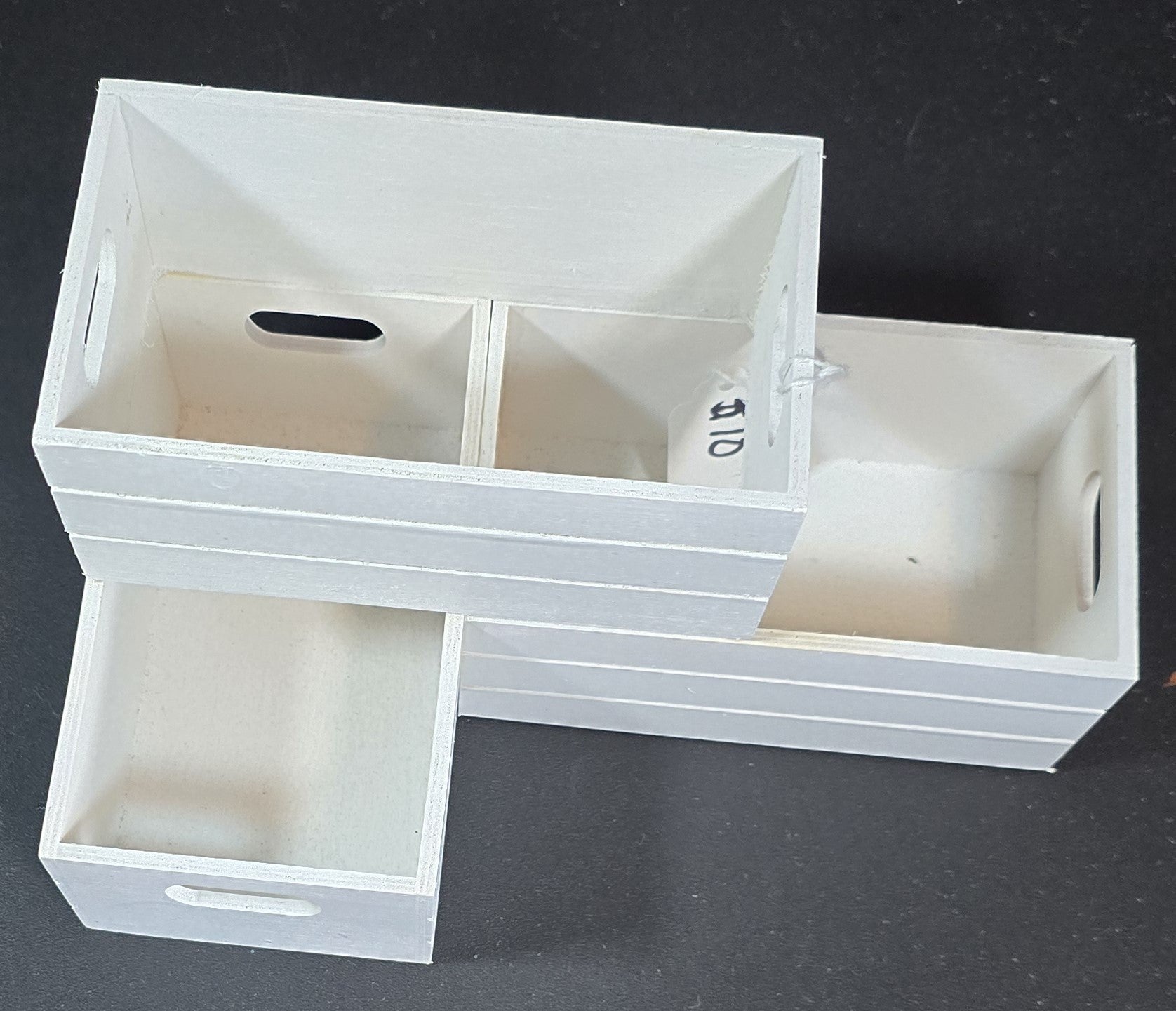 TK Wood Designs white wooden crate storage organizer set with cut-out handles and dividers. Versatile for various storage needs.