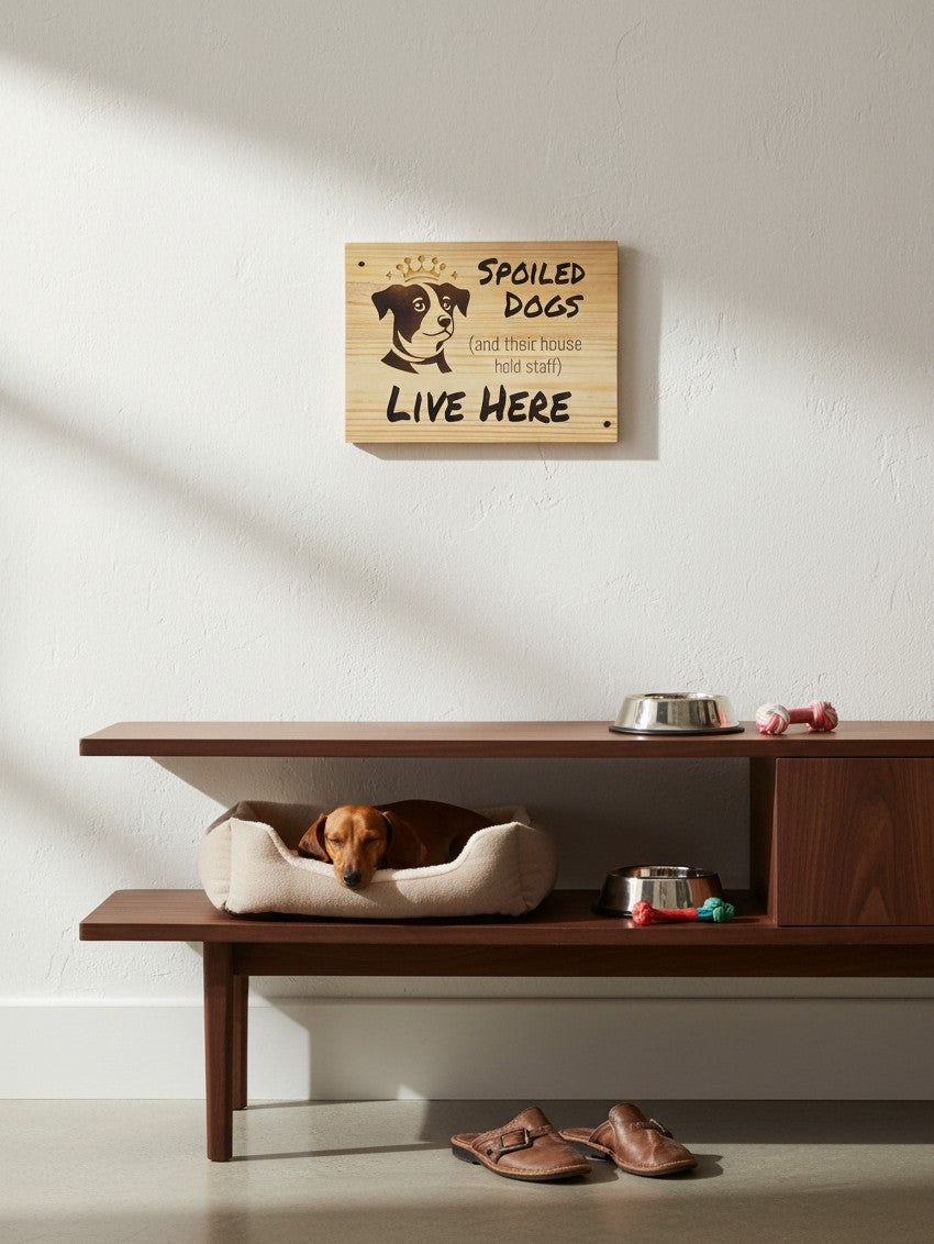 TK Wood Designs wooden wall sign reading Spoiled Dogs Live Here above a dog bed with a sleeping dachshund.