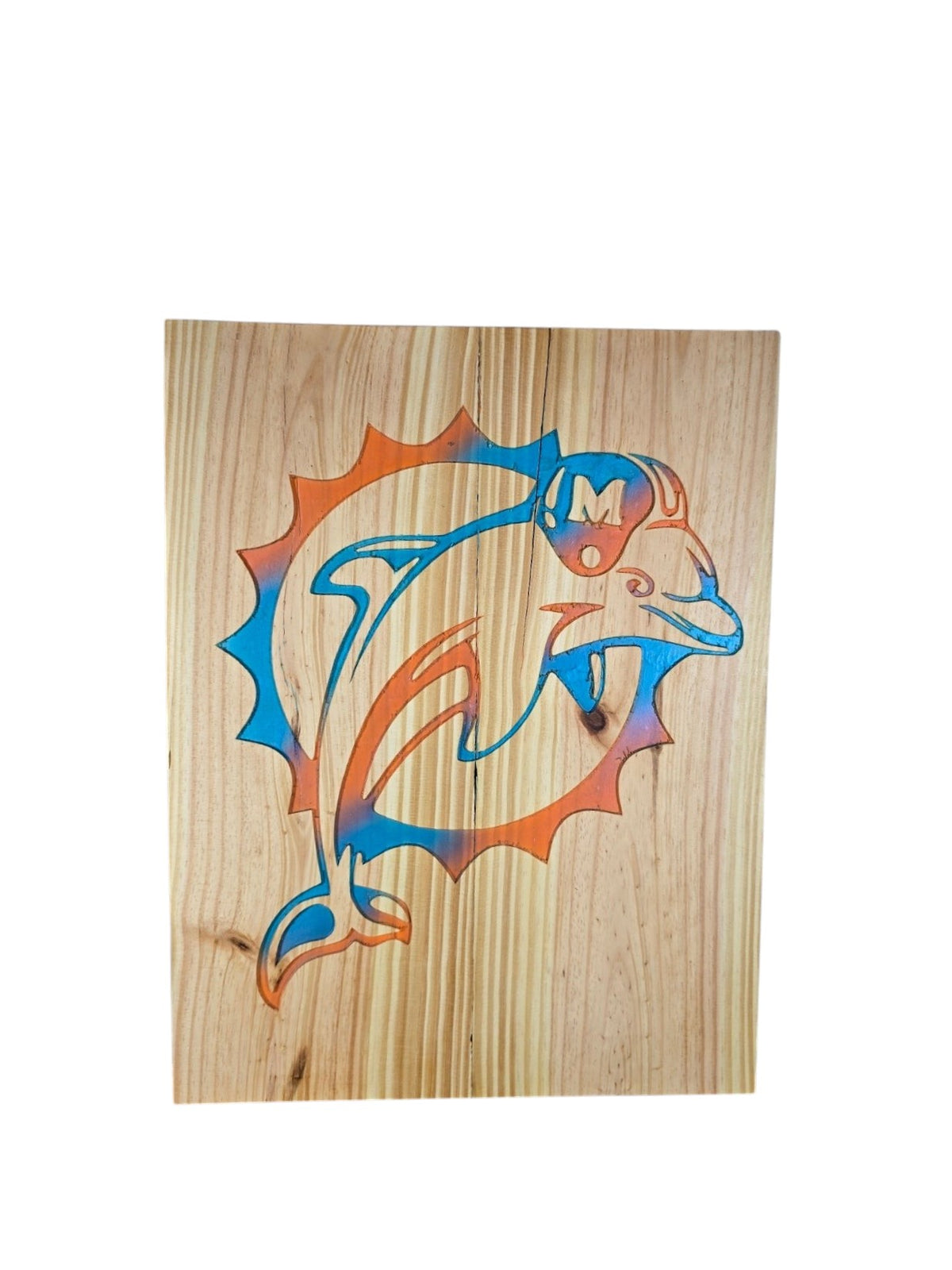 TK Wood Designs handcrafted wooden wall plaque featuring a precision-carved dolphin sports team logo in orange and blue.