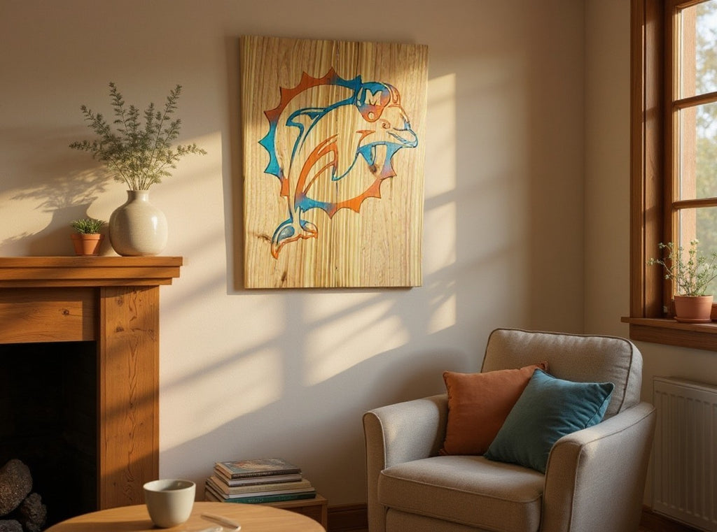 TK Wood Designs handcrafted wooden wall plaque featuring a vibrant, precision-carved dolphin sports team emblem.