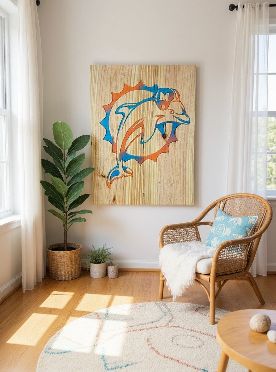 TK Wood Designs handcrafted wooden wall art featuring a vibrant dolphin sports team emblem in a bright living room.