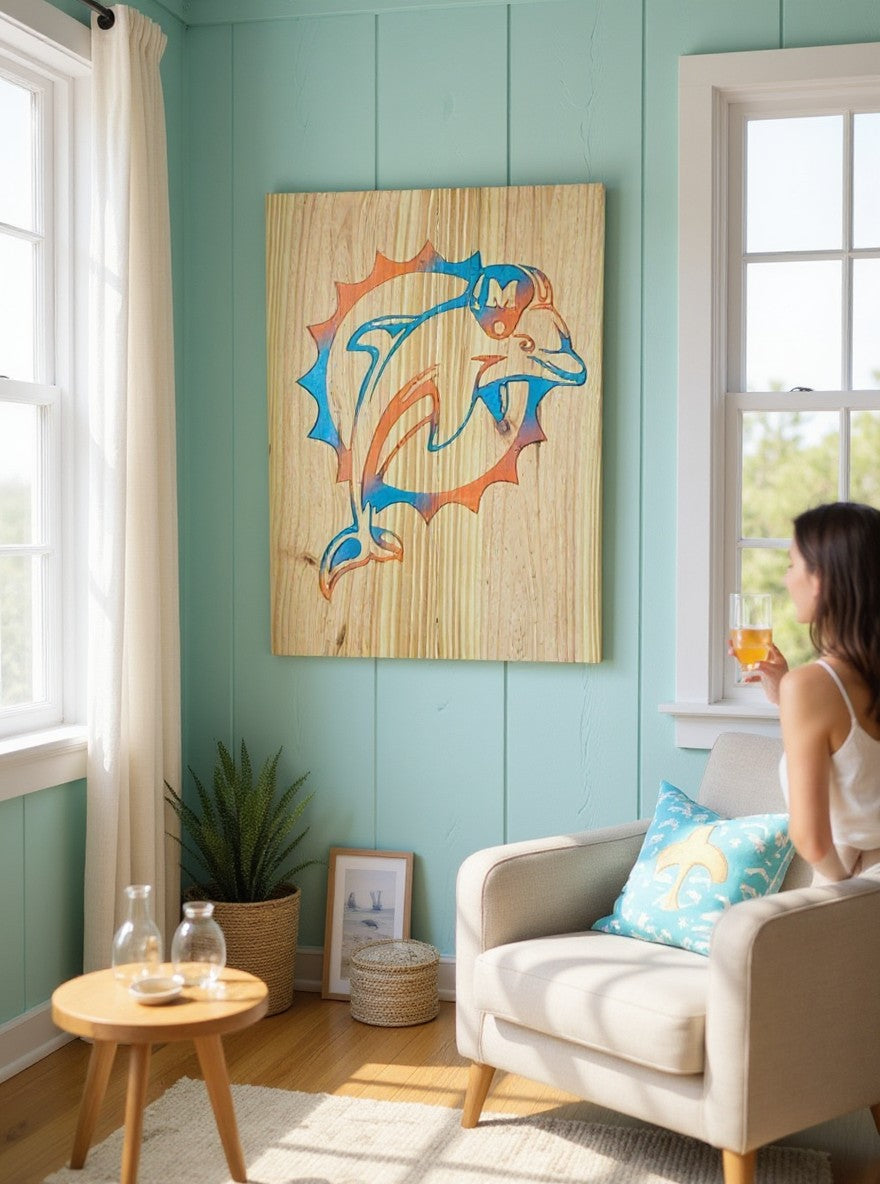 TK Wood Designs handcrafted wooden wall plaque featuring a vibrant dolphin sports team emblem in a cozy living room.