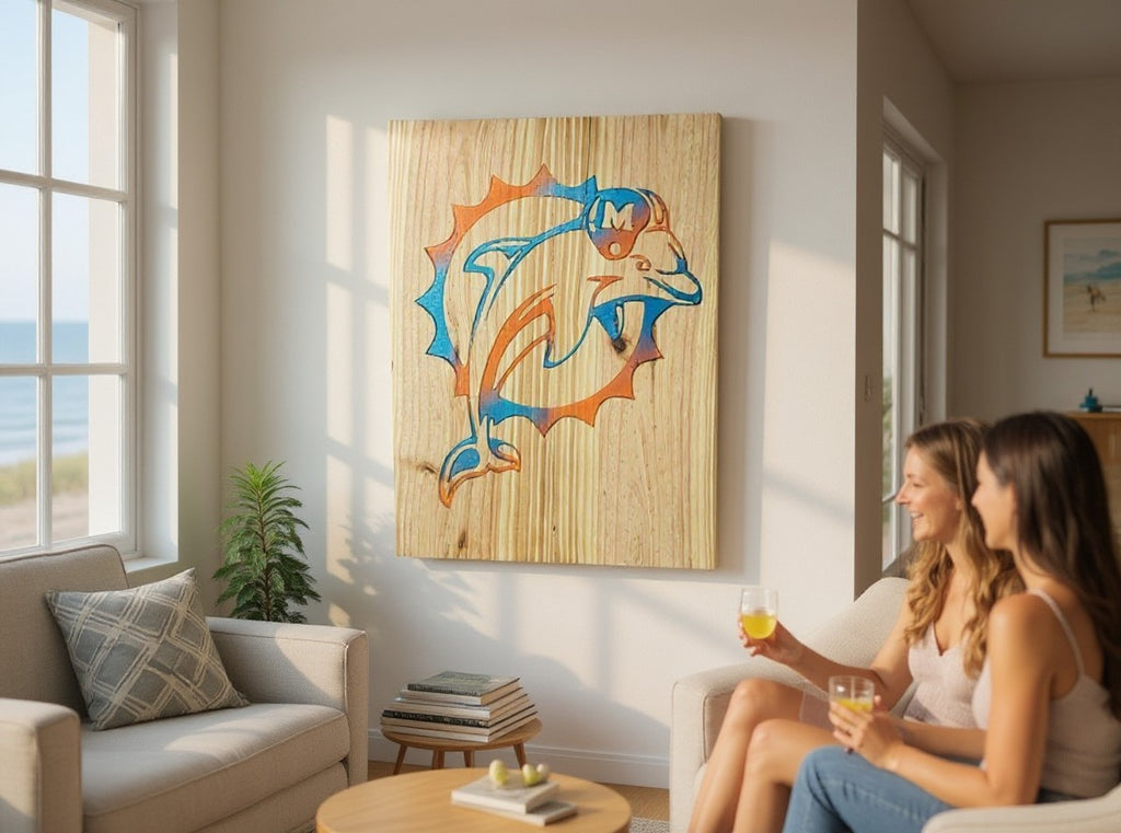 TK Wood Designs handcrafted wooden wall plaque featuring a carved dolphin sports emblem displayed in a bright living room