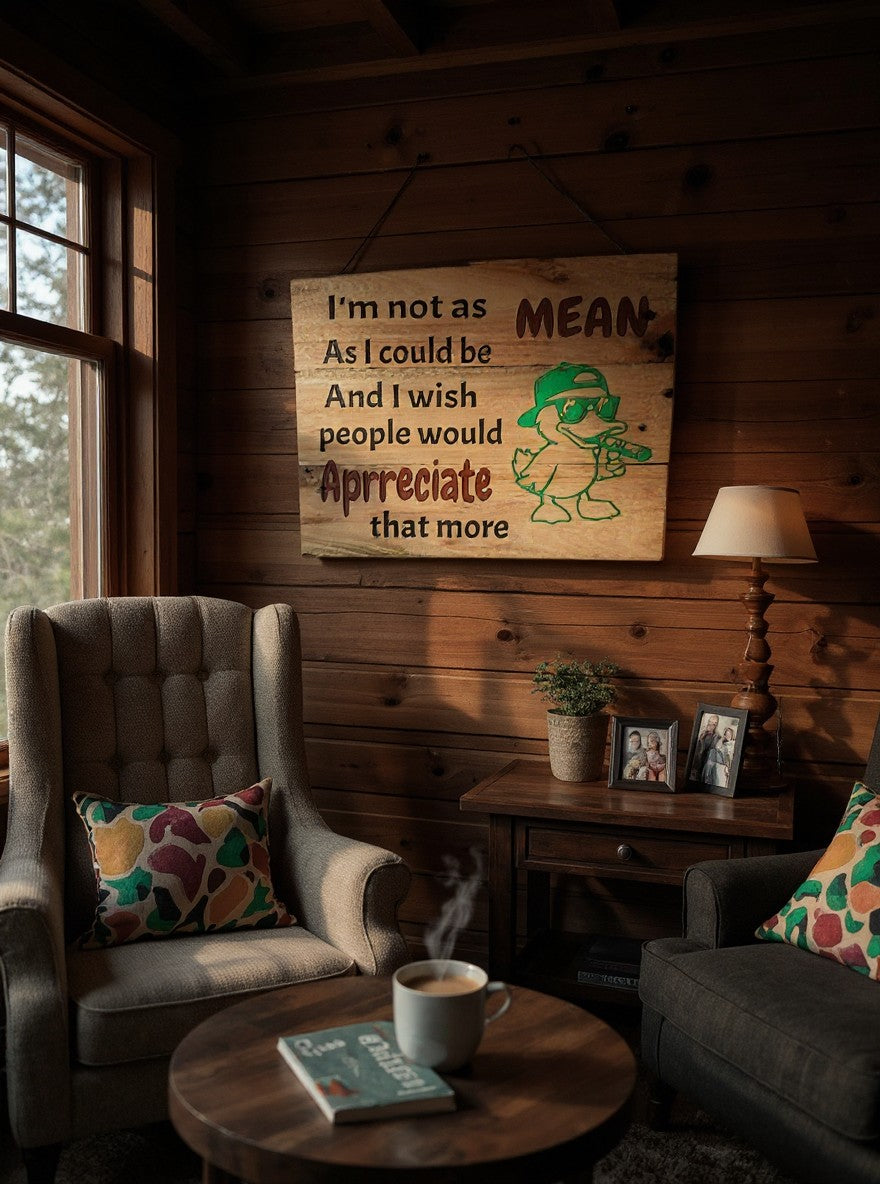 TK Wood Designs rustic wooden wall sign featuring a laser-engraved cool duck and a humorous sarcastic quote.