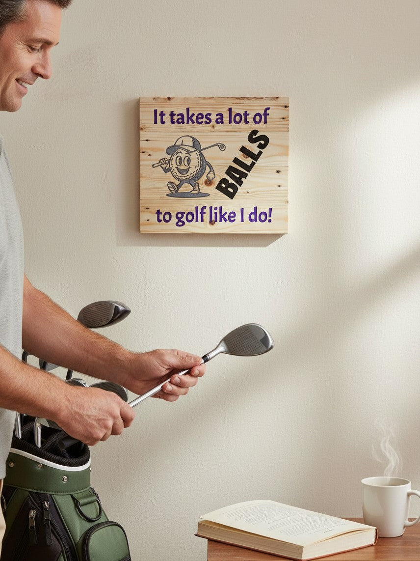 TK Wood Designs decorative wooden golf sign with cartoon ball character and funny text hanging on a wall.