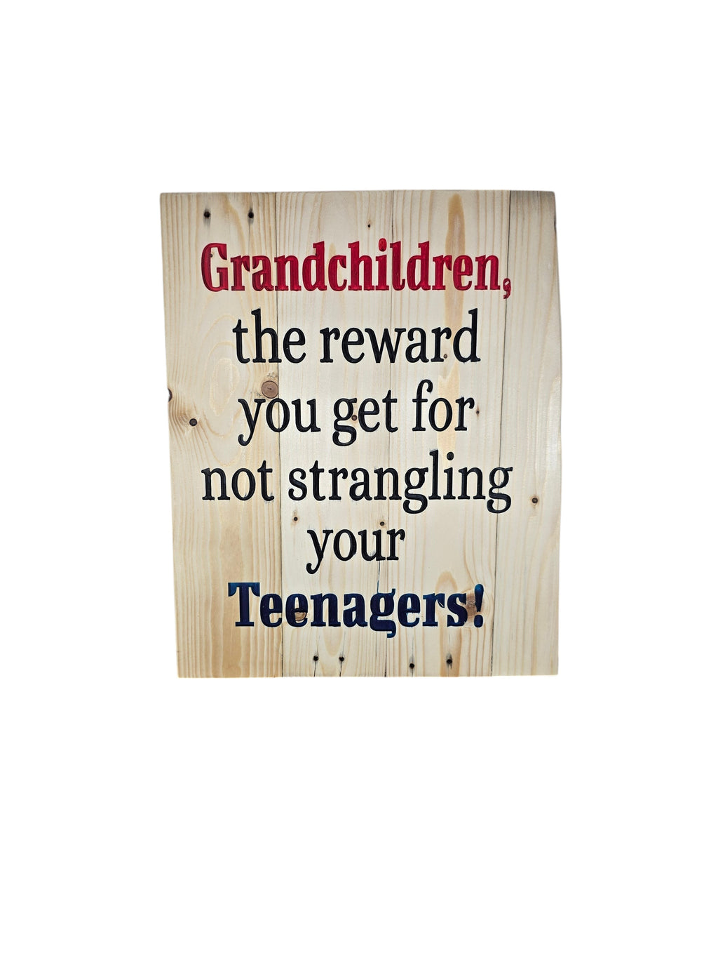 TK Wood Designs rustic wooden wall sign with humorous quote about grandchildren, featuring natural wood grain finish.