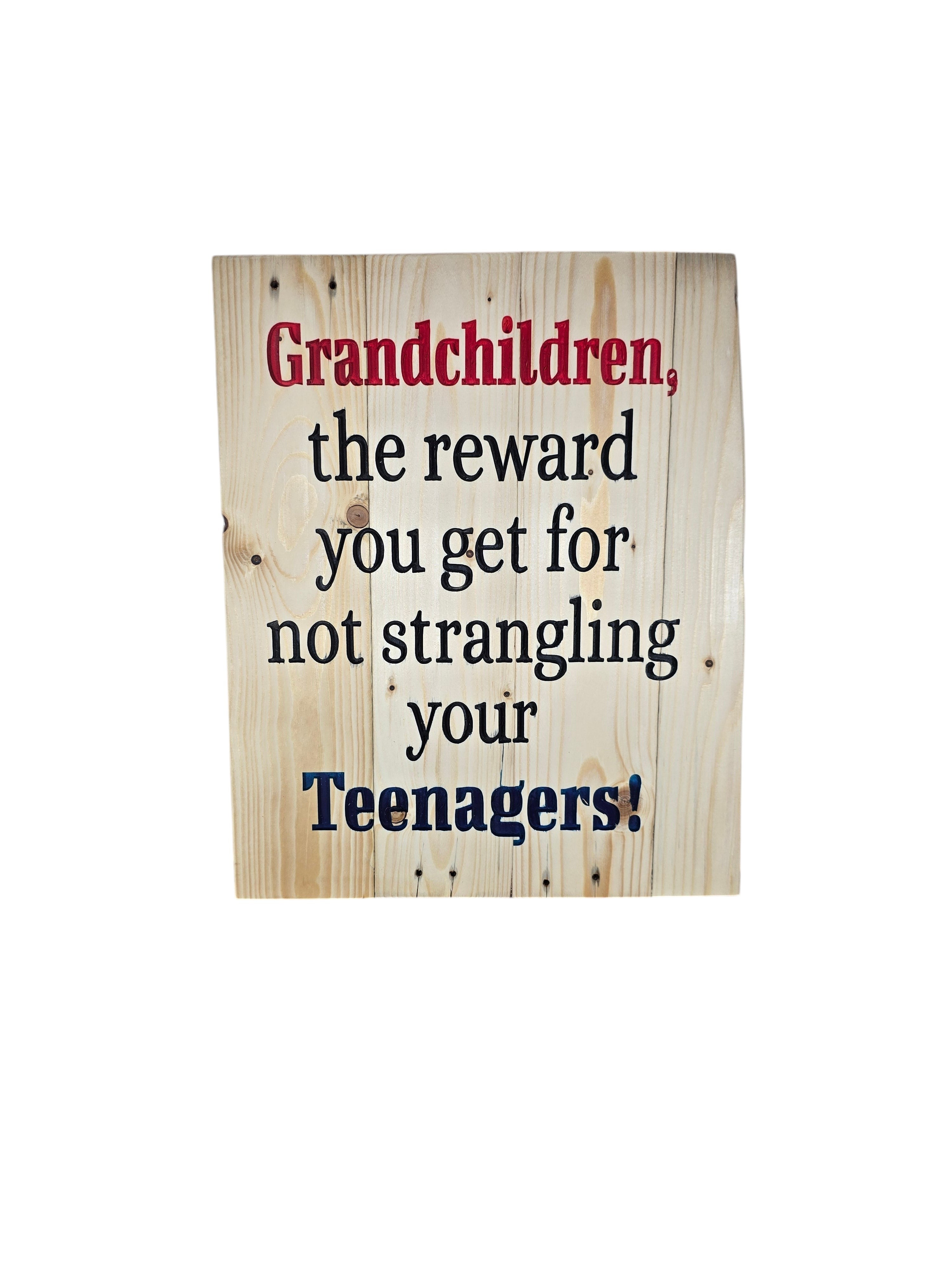TK Wood Designs rustic wooden wall sign with humorous quote about grandchildren, featuring natural wood grain finish.