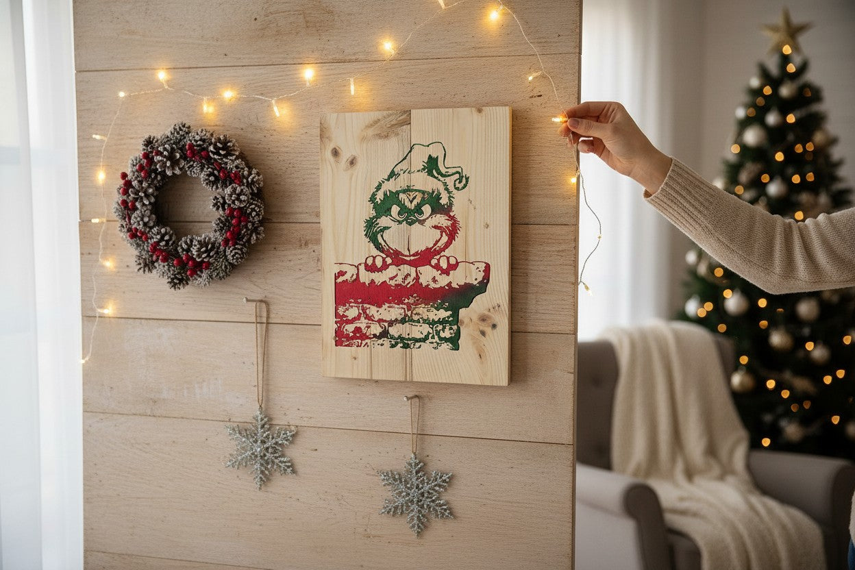 TK Wood Designs rustic wooden wall art sign featuring a festive character on a brick chimney, hung in a holiday setting.