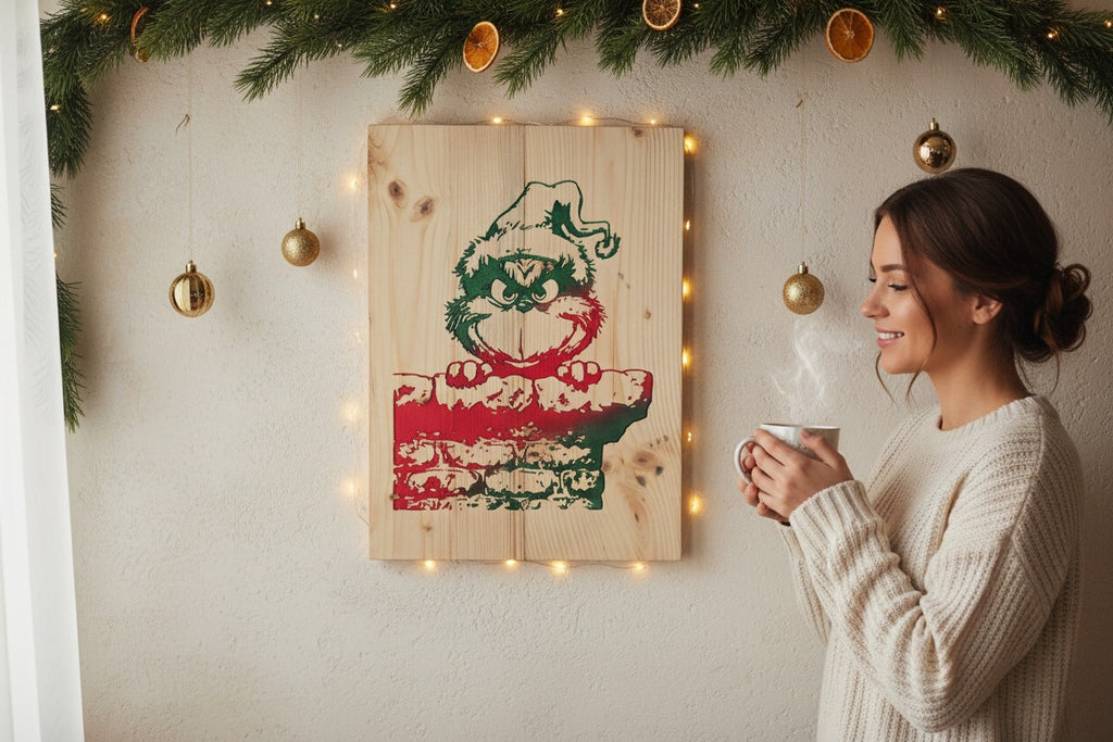 TK Wood Designs rustic wooden wall sign featuring a festive holiday character on a chimney, displayed in a cozy room.