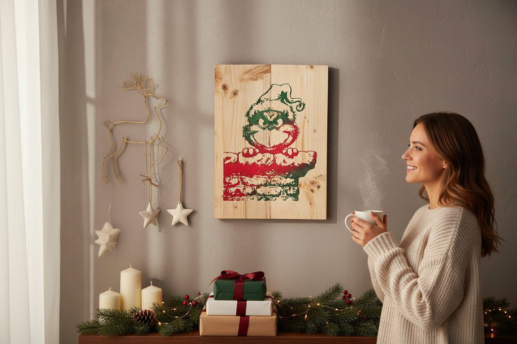 TK Wood Designs rustic wooden wall sign featuring a festive character on a chimney, displayed in a cozy holiday living room