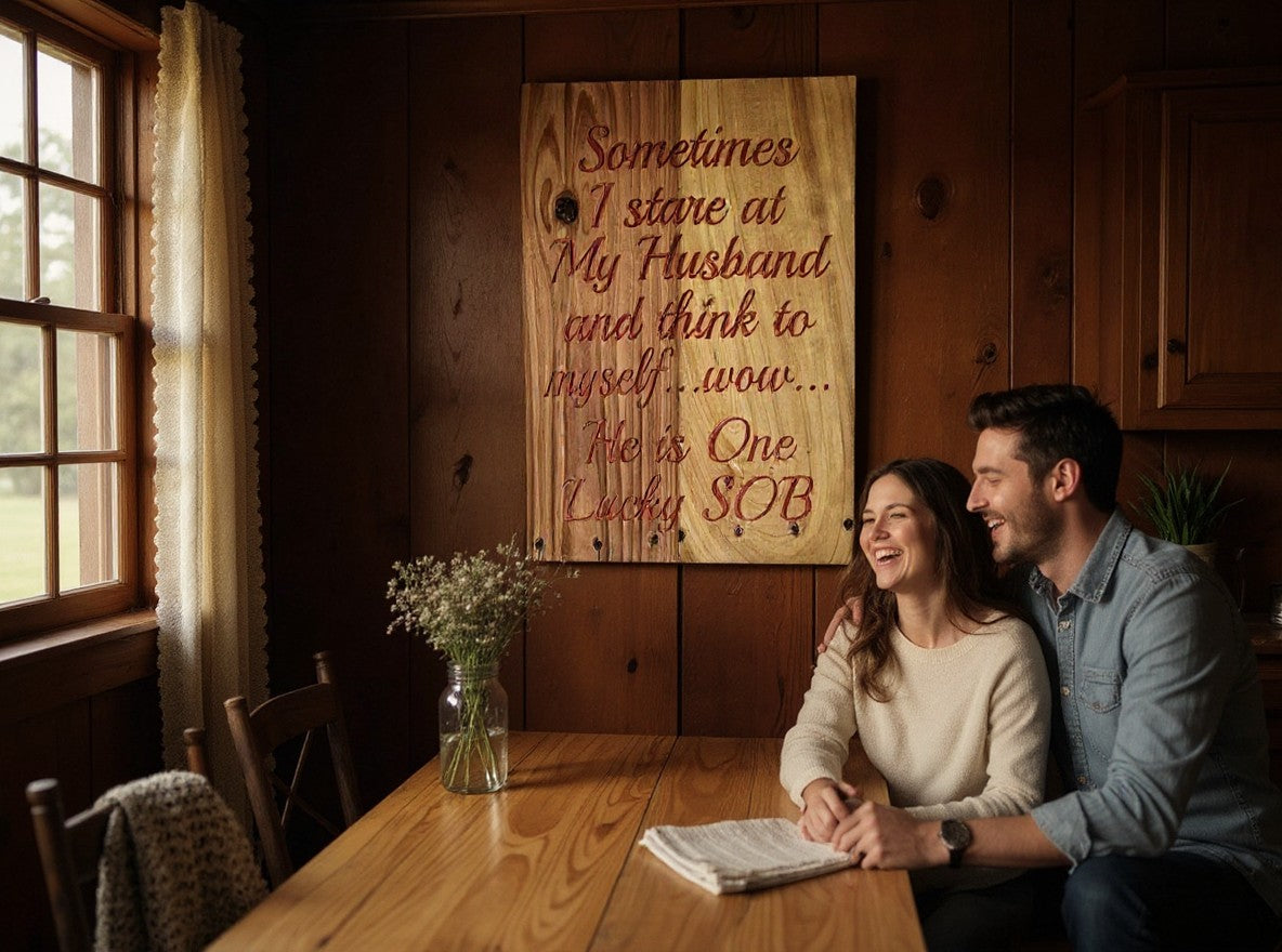 TK Wood Designs handcrafted wooden wall sign with a humorous quote hanging in a rustic dining room with a couple.