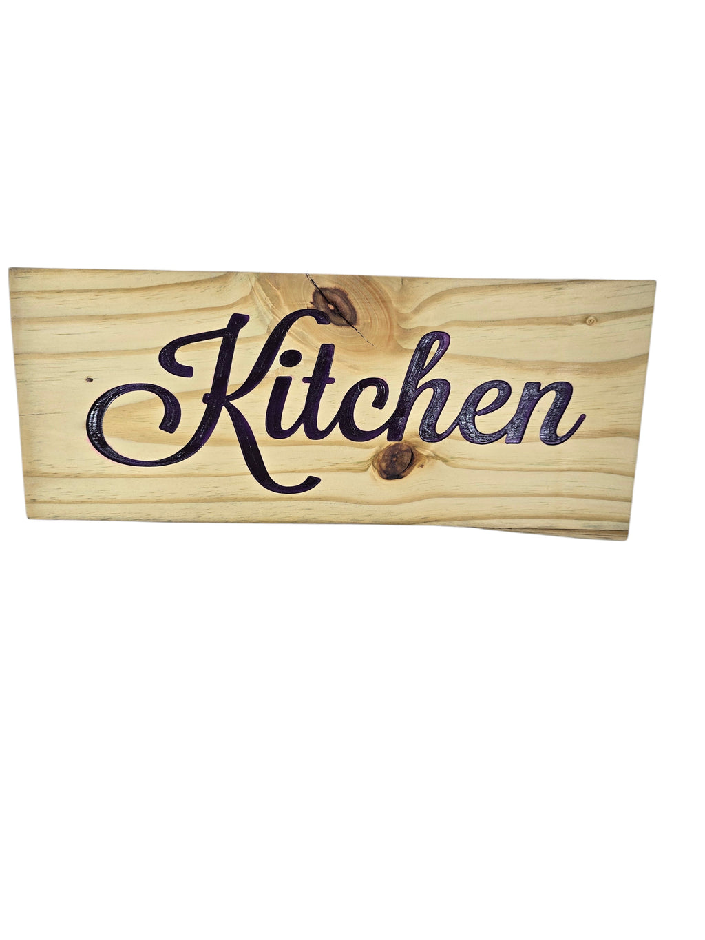 TK Wood Designs wooden kitchen sign with dark purple script lettering on natural wood.
