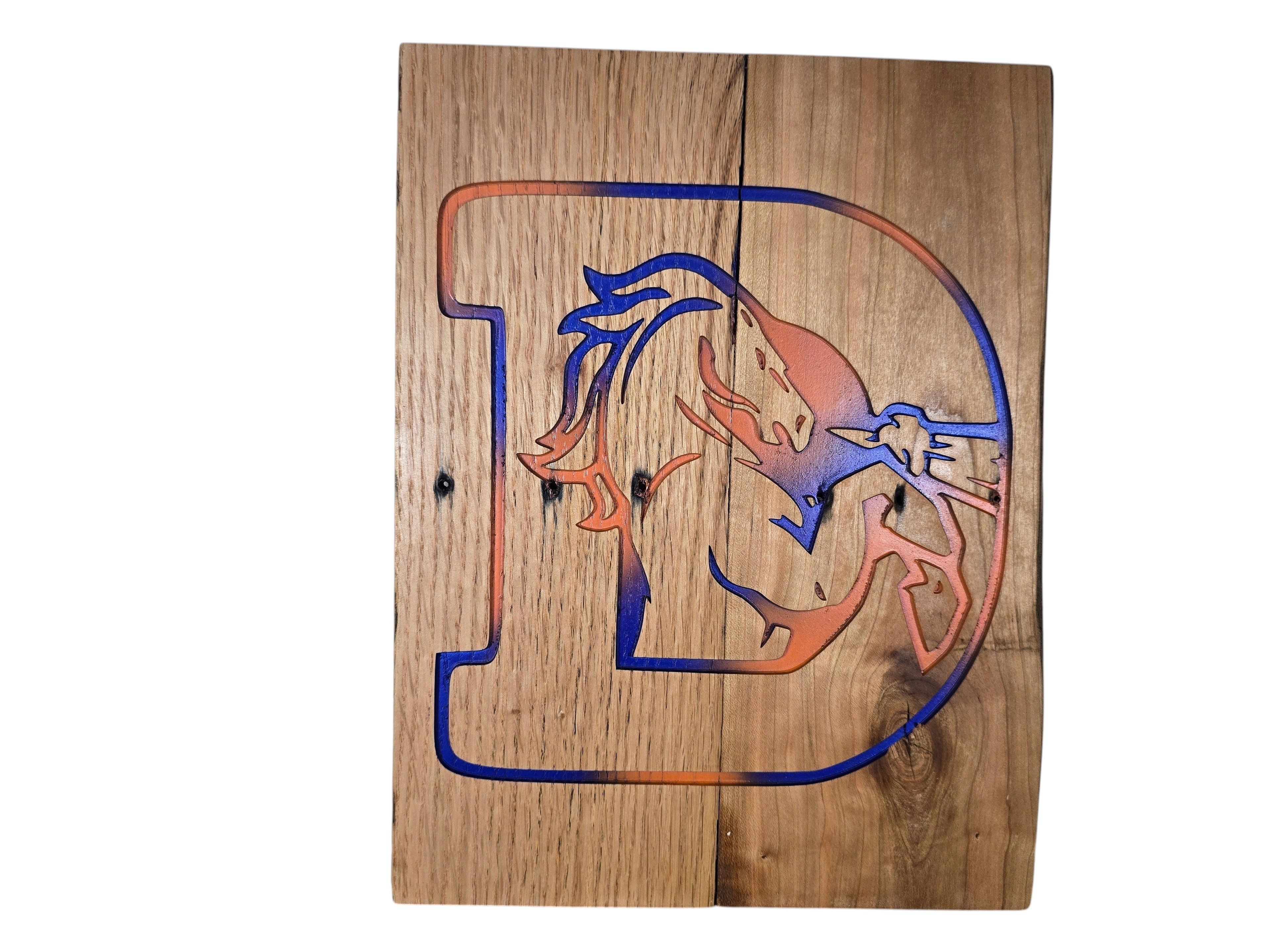 TK Wood Designs handcrafted rustic wooden wall art featuring a letter D with a blue and orange gradient finish.