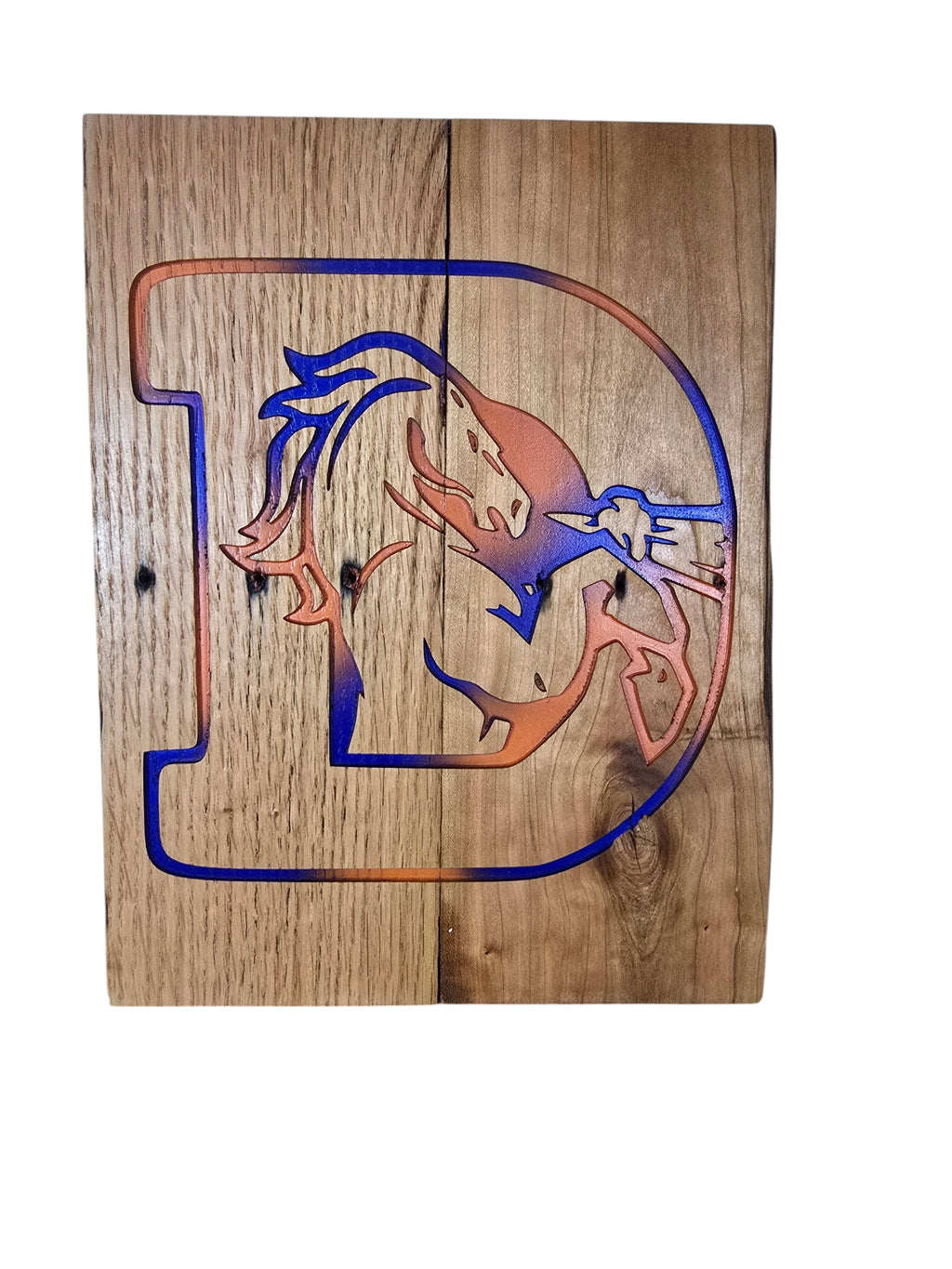 TK Wood Designs handcrafted rustic wooden wall art featuring a letter D with a blue and orange gradient finish.