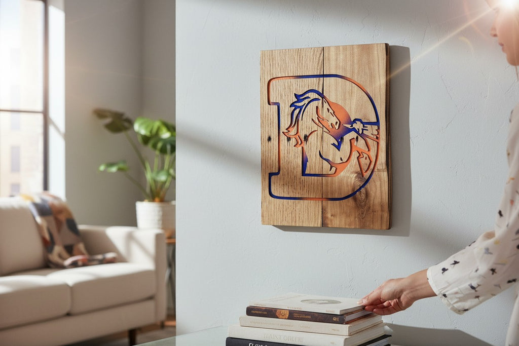 TK Wood Designs handcrafted wooden wall art featuring a letter D with blue and orange horse logo in a modern home.