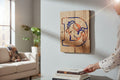 TK Wood Designs handcrafted wooden wall art featuring a letter D with blue and orange horse logo in a modern home.