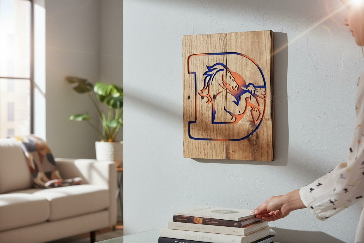 TK Wood Designs handcrafted wooden wall art featuring a letter D with blue and orange horse logo in a modern home.