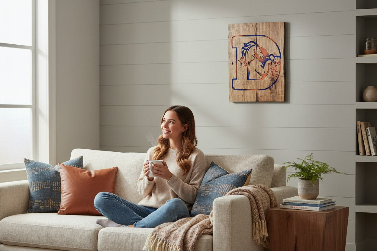 Woman sitting on a sofa near a TK Wood Designs handcrafted wooden letter D wall art with blue and orange accents.