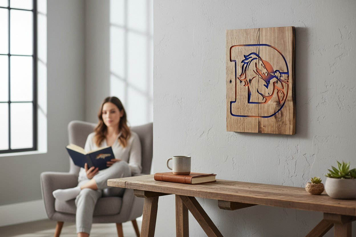 TK Wood Designs handcrafted rustic wooden wall art featuring a letter D with blue and orange horse logo design.