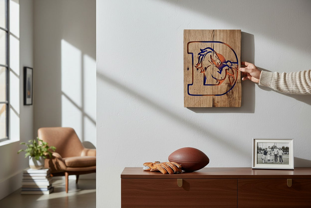 TK Wood Designs handcrafted wooden wall art featuring a letter D with blue and orange horse logo on a rustic board.