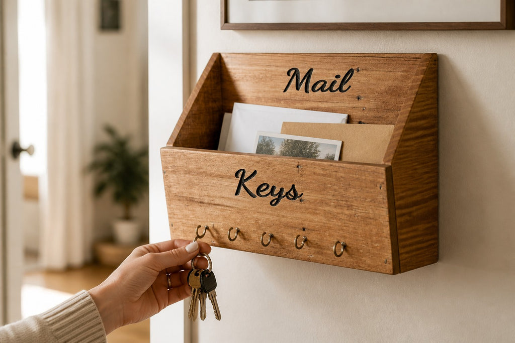 TK Wood Designs rustic wall-mounted wooden mail organizer with five metal key hooks and elegant black lettering