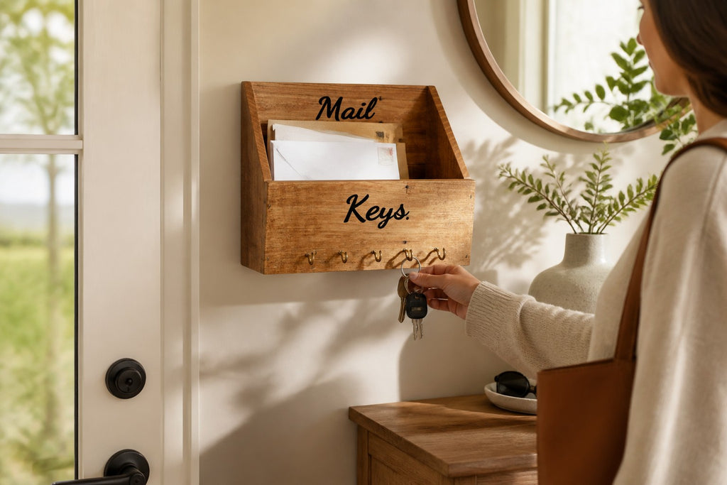 TK Wood Designs rustic wooden wall-mounted mail organizer with five metal key hooks in a farmhouse entryway