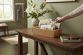 TK Wood Designs wooden mail organizer tray filled with letters and newspapers on a console table