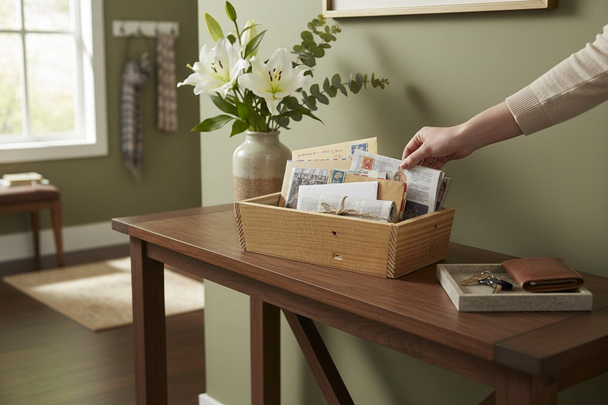 TK Wood Designs wooden mail organizer tray filled with letters and newspapers on a console table