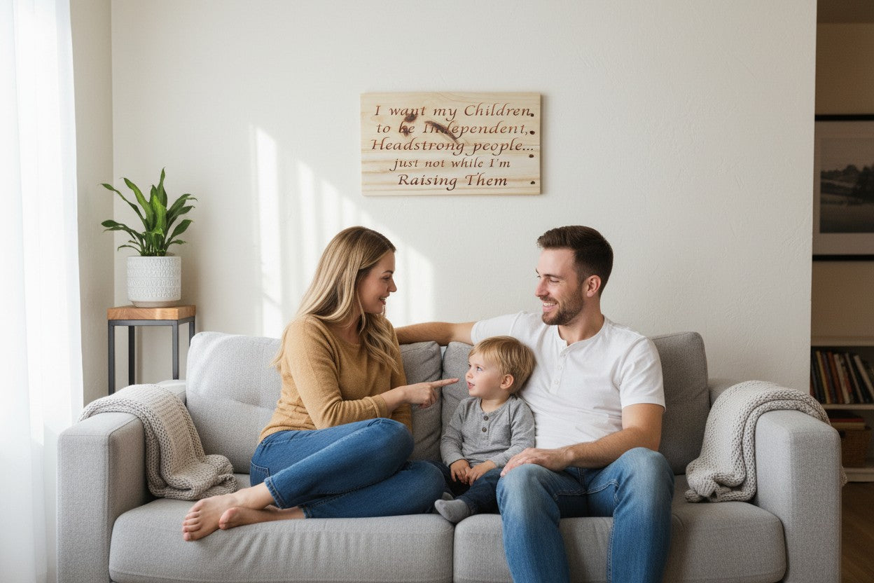 TK Wood Designs natural wood sign with carved quote: "I want my Children, to be Independent, Headstrong people... just not while I'm Raising Them."