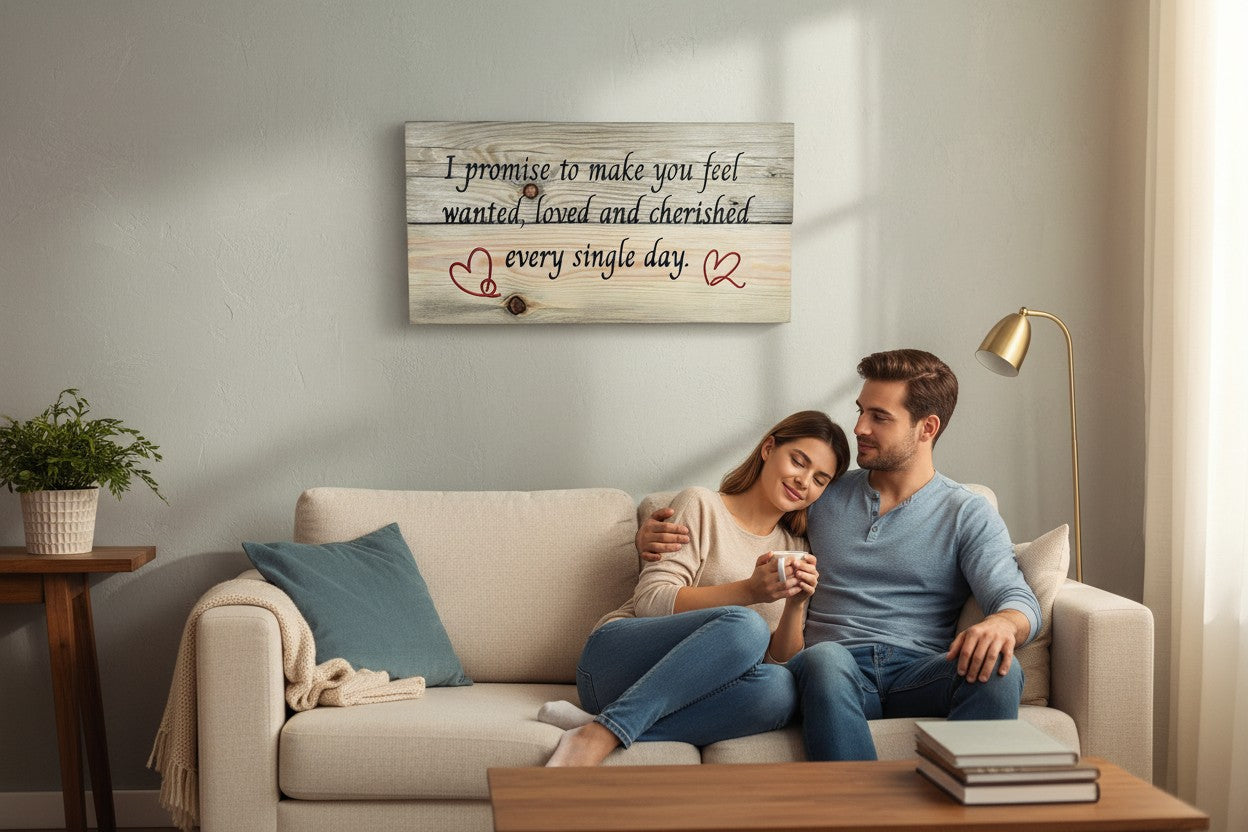 TK Wood Designs wooden sign with quote "I promise to make you feel wanted, loved and cherished every single day." with red hearts.