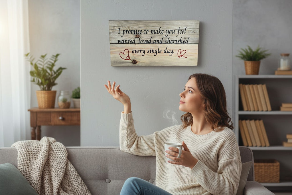 TK Wood Designs wooden sign with quote "I promise to make you feel wanted, loved and cherished every single day." with red hearts.
