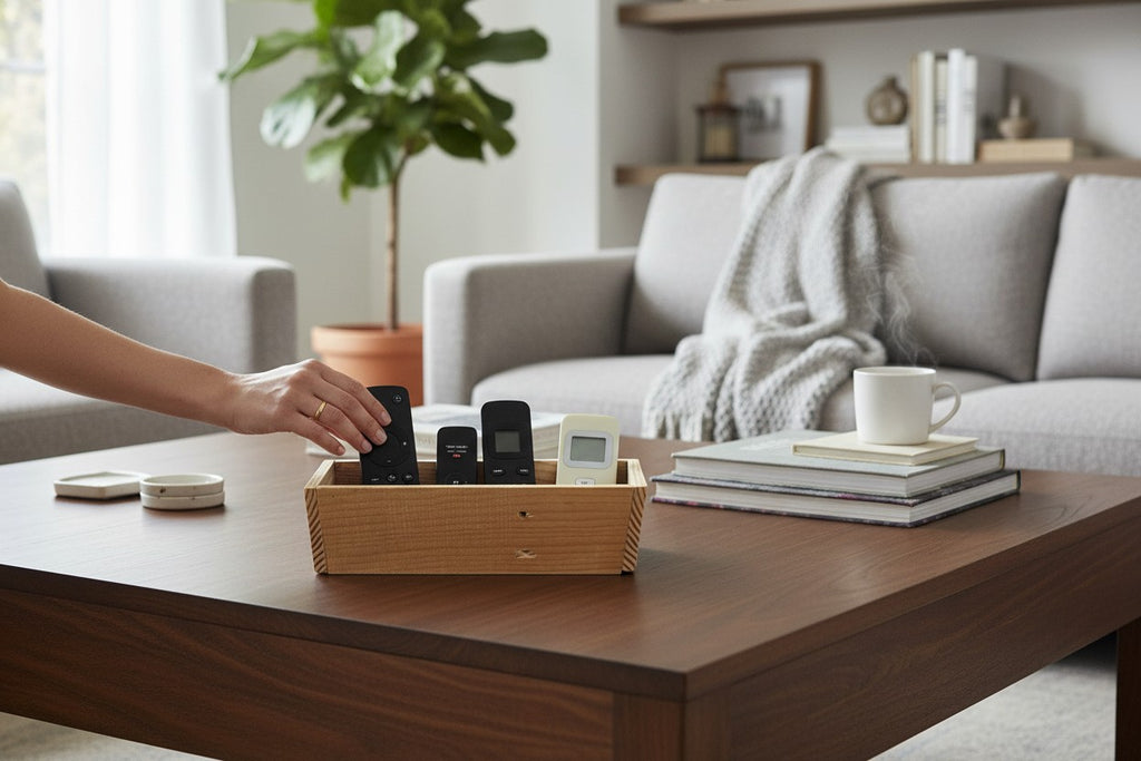 TK Wood Designs natural wooden remote control holder on a dark coffee table in a modern living room