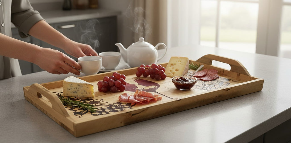 TK Wood Designs rustic wooden serving tray with grape vine and wine glass silhouette design. Features handles.