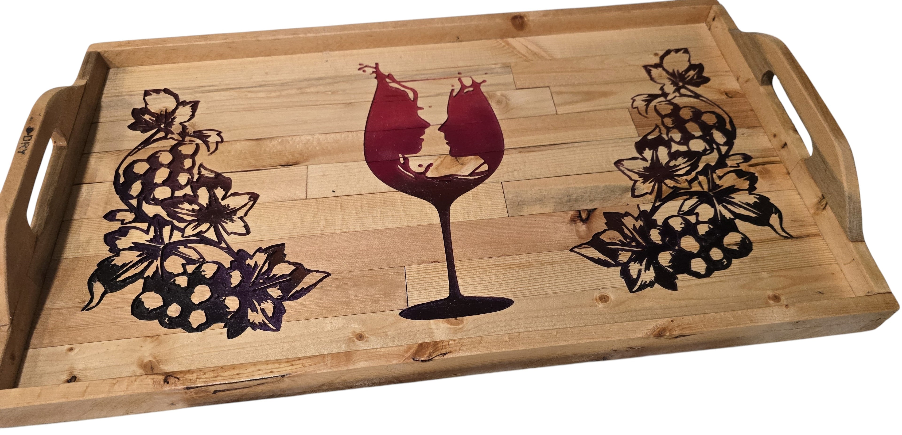 TK Wood Designs natural wood serving tray with grape and wine glass motif, featuring integrated handles.
