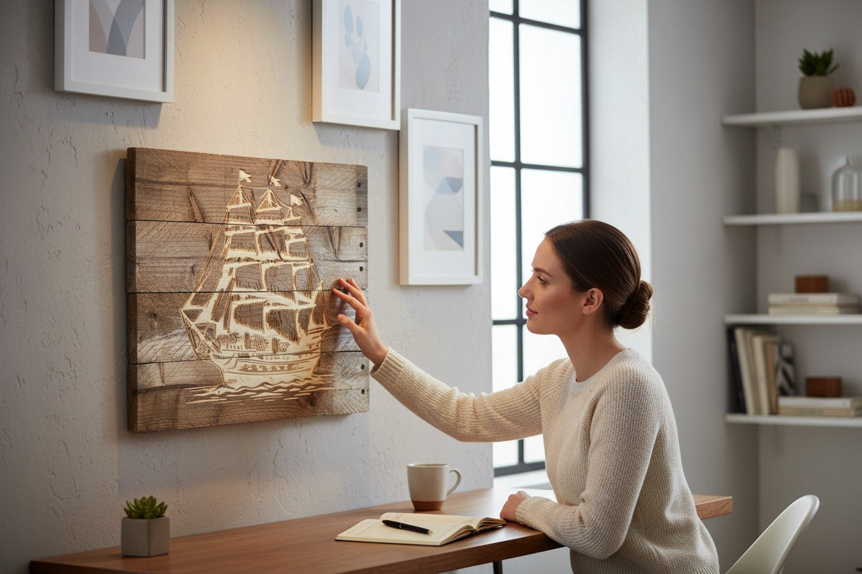 Woman touching a TK Wood Designs rustic wooden ship wall art piece with laser-etched nautical detail on a grey wall.