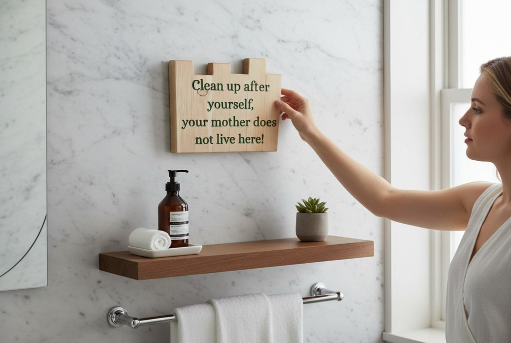 TK Wood Designs handmade wooden sign with green text saying "Clean up after yourself, your mother does not live here!"