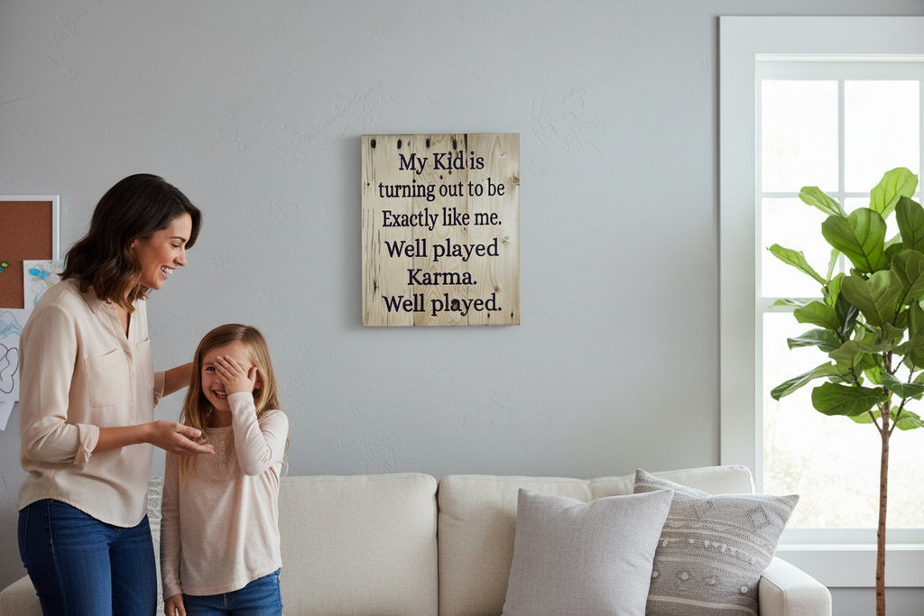 TK Wood Designs wooden sign with dark purple text reading "My Kid is turning out to be Exactly like me. Well played Karma. Well played."