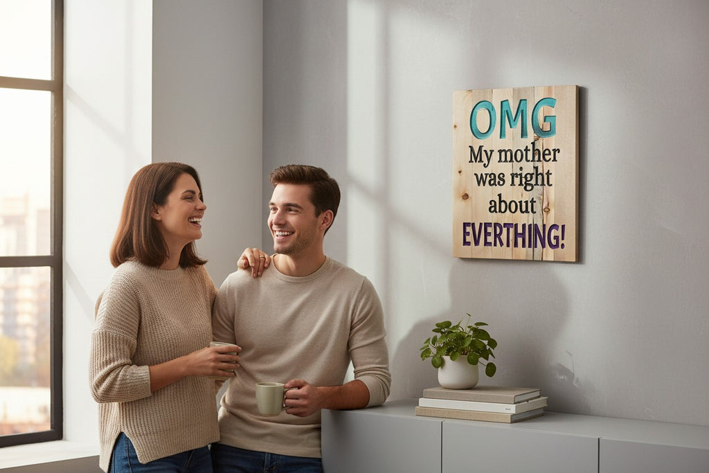 TK Wood Designs wooden sign with "OMG My mother was right about EVERTHING!" text. Teal, black, and purple lettering.