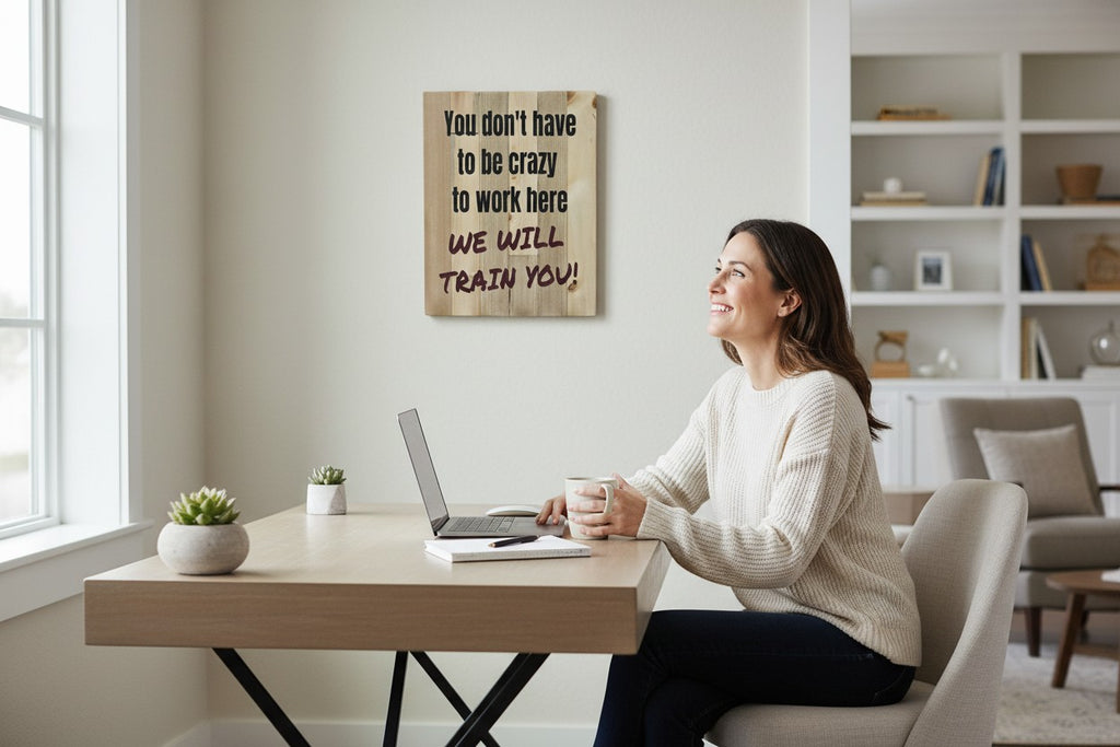 TK Wood Designs wooden sign with black text reading "You don't have to be crazy to work here WE WILL TRAIN YOU!"
