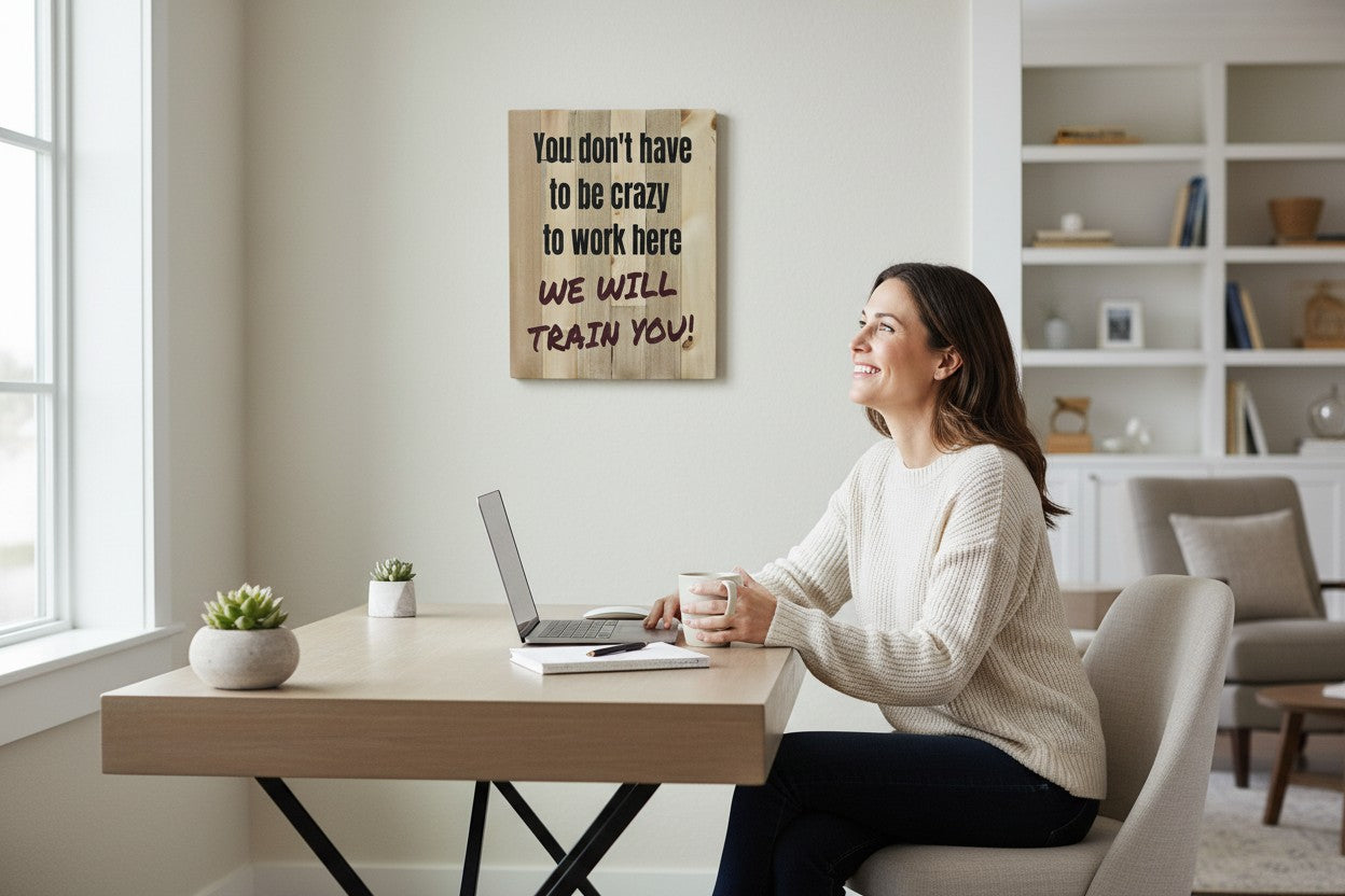 TK Wood Designs wooden sign with black text reading "You don't have to be crazy to work here WE WILL TRAIN YOU!"
