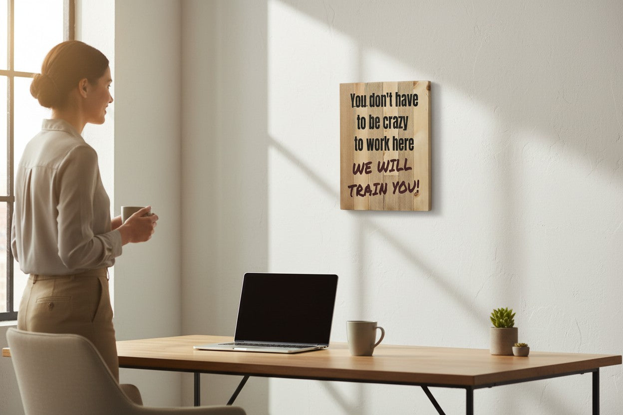 TK Wood Designs wooden sign with black text: "You don't have to be crazy to work here WE WILL TRAIN YOU!"