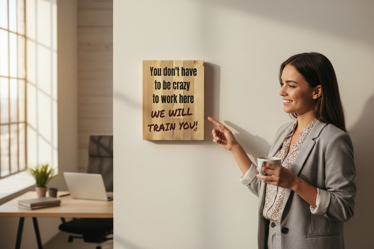 TK Wood Designs wooden sign with black text: "You don't have to be crazy to work here WE WILL TRAIN YOU!"