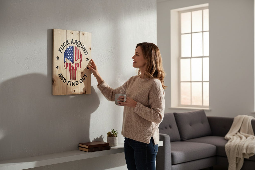 A woman touching a TK Wood Designs handcrafted wooden wall sign with a patriotic skull graphic in a living room.
