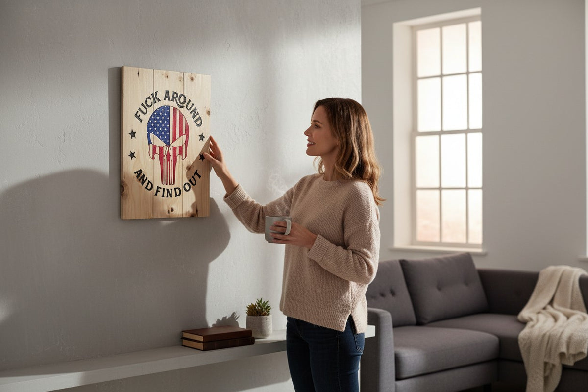 A woman touching a TK Wood Designs handcrafted wooden wall sign with a patriotic skull graphic in a living room.