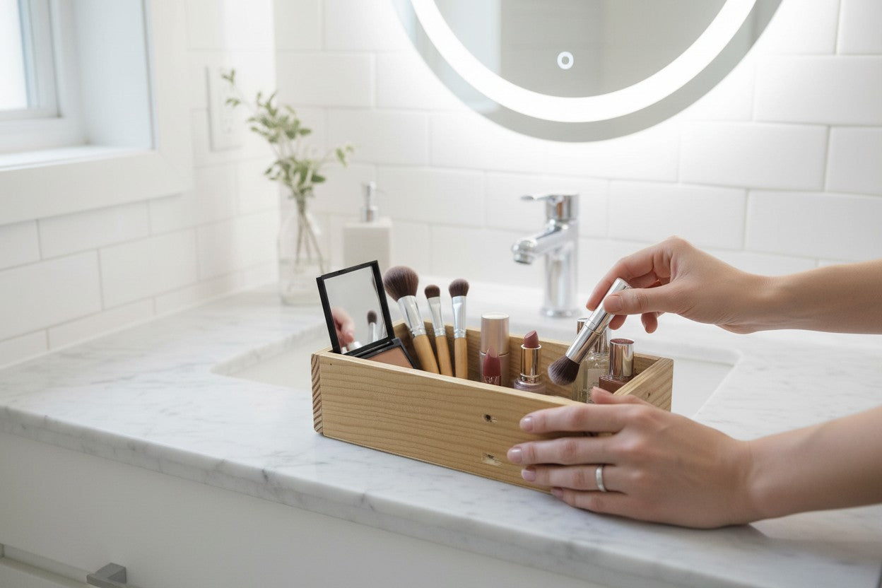 TK Wood Designs handcrafted wooden storage tray organizing makeup brushes and cosmetics on a marble bathroom vanity.