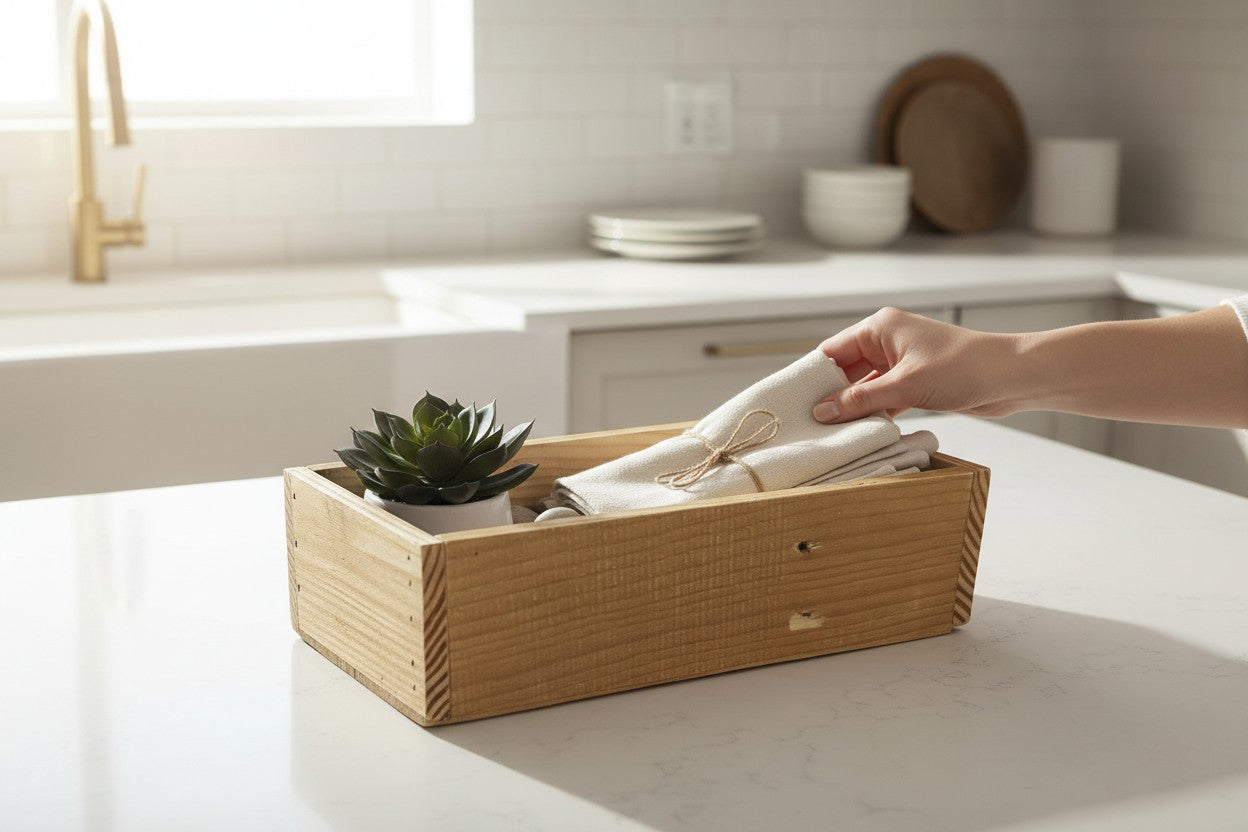 TK Wood Designs handcrafted wooden storage tray on a kitchen counter with a small plant and linen cloth