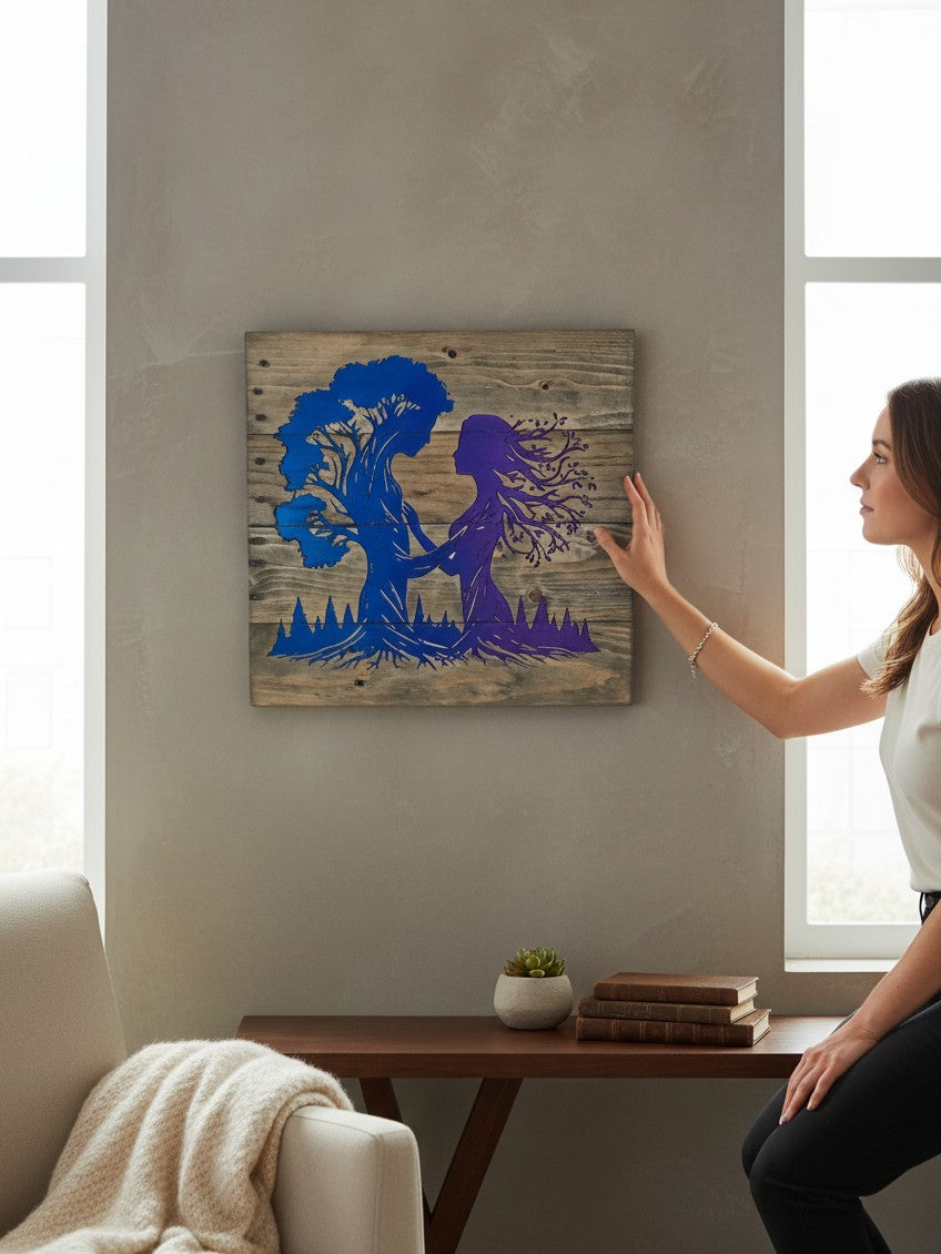 Woman touching TK Wood Designs handcrafted wooden wall art featuring a blue and purple tree spirit silhouette.