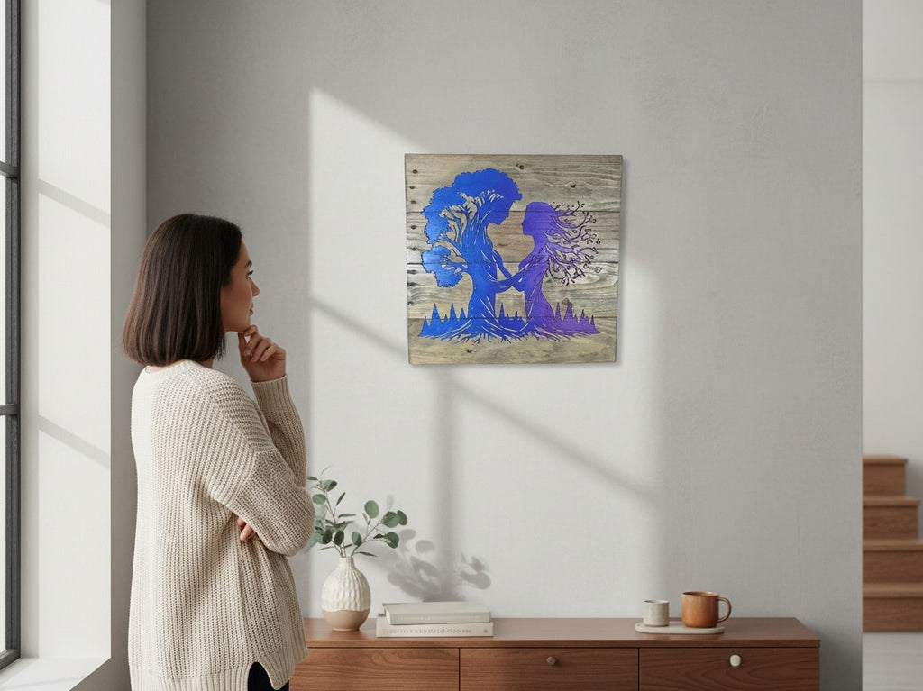 TK Wood Designs handcrafted wooden wall art featuring a mystical tree spirit silhouette with blue and purple gradients.